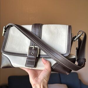 Coach Cream and Brown Leather Cross Body / Shoulder Bag with Buckle Closure